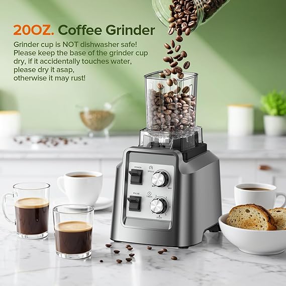 Blender for Smoothies, 2-in-1 Blender & Grinder Combo, Smoothie Maker, 1800 Peak Watts, 68 Oz Large Capacity, BPA-Free Countertop Blender for Ice Crushing, Frozen Drinks, Silver